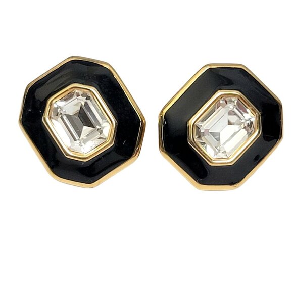 Monet Black Enamel Clear Crystal Faceted Rhinestone Center Clip-On Earrings - Picture 3 of 10